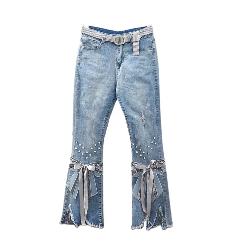 

2024 Spring Autumn Jeans Jacket New Heavy Industry Beaded Bow High-Waisted Flared Jeans Women's Nine-split Wide-leg Pants