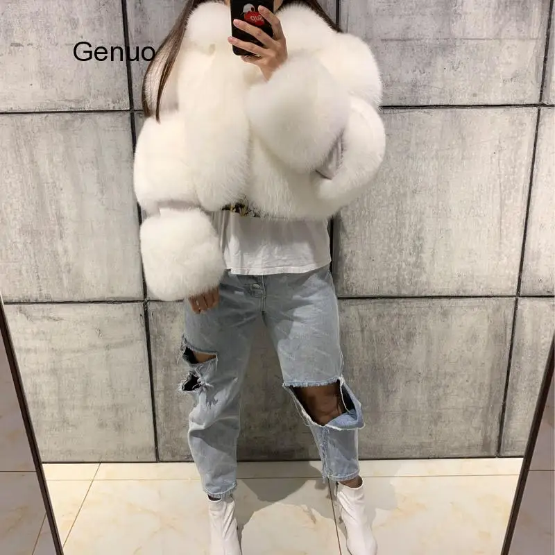 High Quality Furry Cropped Faux Fur and Leather Patchwork Jacket Women Faux Fur Short Coat Fake Fox Fur Outwear Winter Overcoat