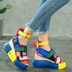 Gladiators Women's Cow Leather Sandals Platform Wedge High Heels Nylon Strappy Fashion Sneakers Punk Party Beach Shoe 34 -42