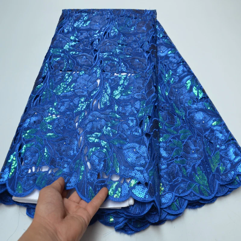 

(5yards/pc) high grade royal blue African hand cut organza lace fabric with very beautiful sequins embroidery for party OP154