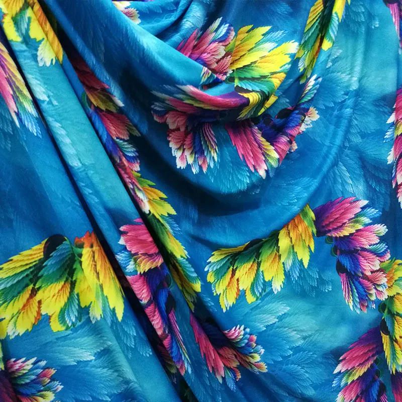 Beautiful Lake Blue 4 Ways Stretch Knitted Cotton/Spandex Fabric Colored Feathers/Phoenix Tails Print Fabric Diy Sewing Dress