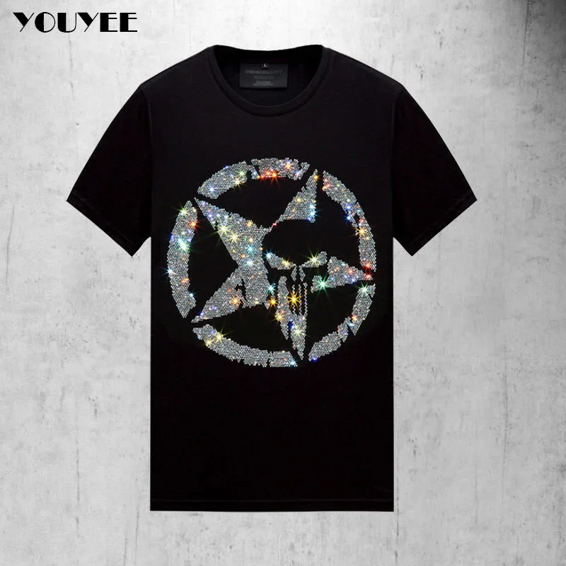 Rhinestones Mens T-Shirt Geometric 2021 Summer Fashion Streetwear Hip Hop Cotton High-Quality O Neck Short Sleeve Plus Size 5XL