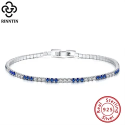 Rinntin Women's Deluxe Tennis Bracelet 925 Sterling Silver 2.0mm Blue and Clear Cubic Zirconia 6.5 - 7.5 Inch Jewelry SB117