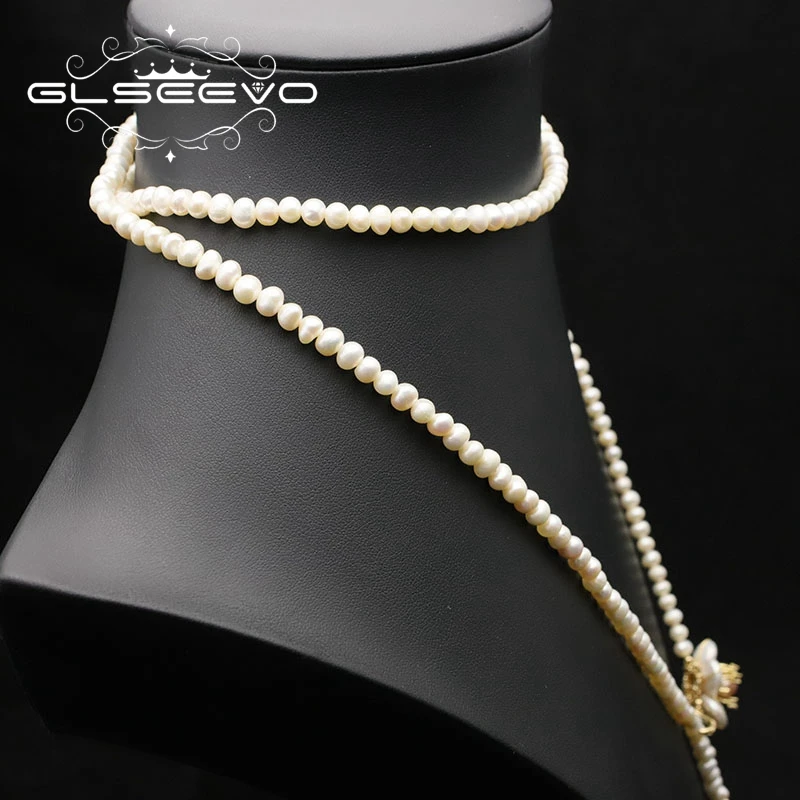 Glseevo Natural Freshwater Pearl Necklace For Women 2021 Luxury Flower Long Sweater Chains Retro Gifts For Original Women GN0405