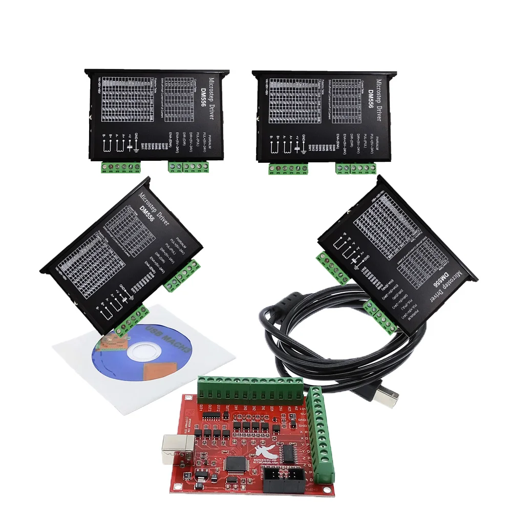 CNC mach3 usb 4 Axis Kit, 4pcs DM556 Motor Driver + 1PCS mach3 4 Axis USB CNC Stepper Motor Controller card 100KHz