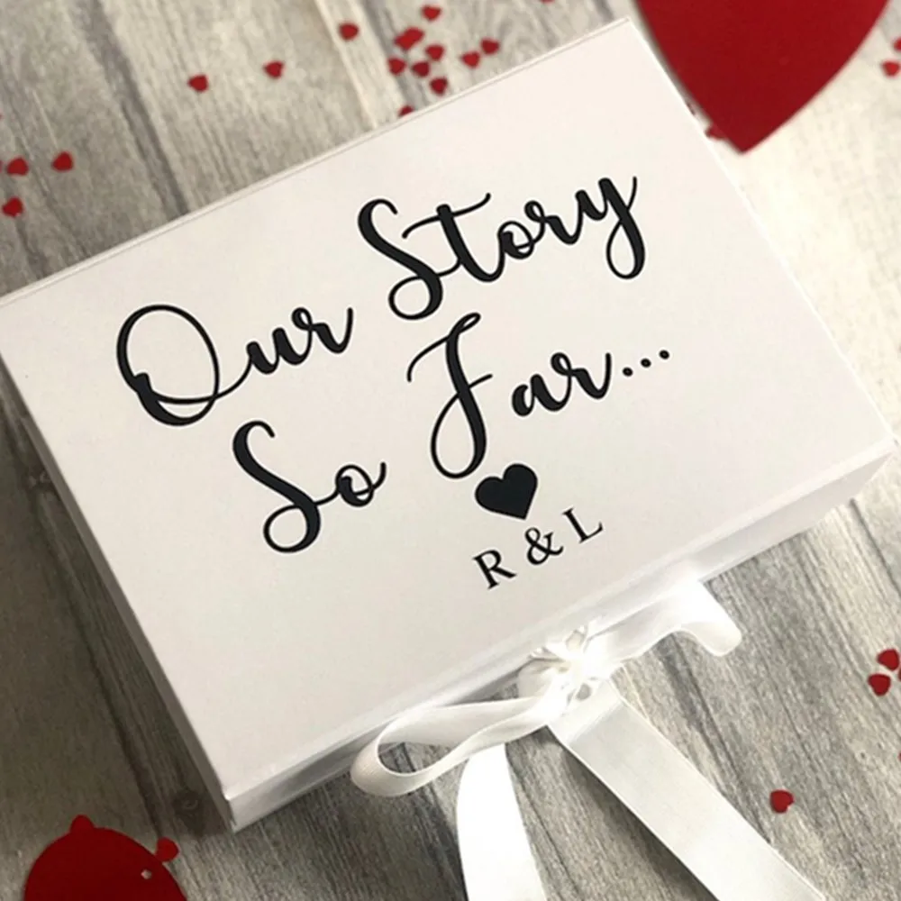 Personalised Our Story So Far ..  Small Gift Box, White Box with Ribbon Tie, cutom mr and mrs Love Keepsake Present gift box