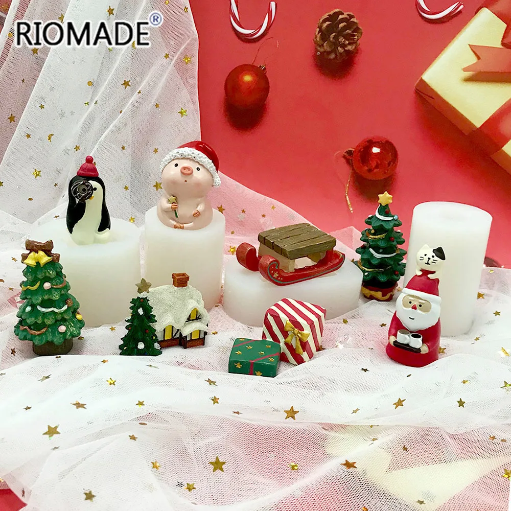 Christmas Silicone Mold Sled Tree Santa Claus Gifts Snow House Model Mousse Chocolate Sugar Cupcake Baking Fondant Cake Tools