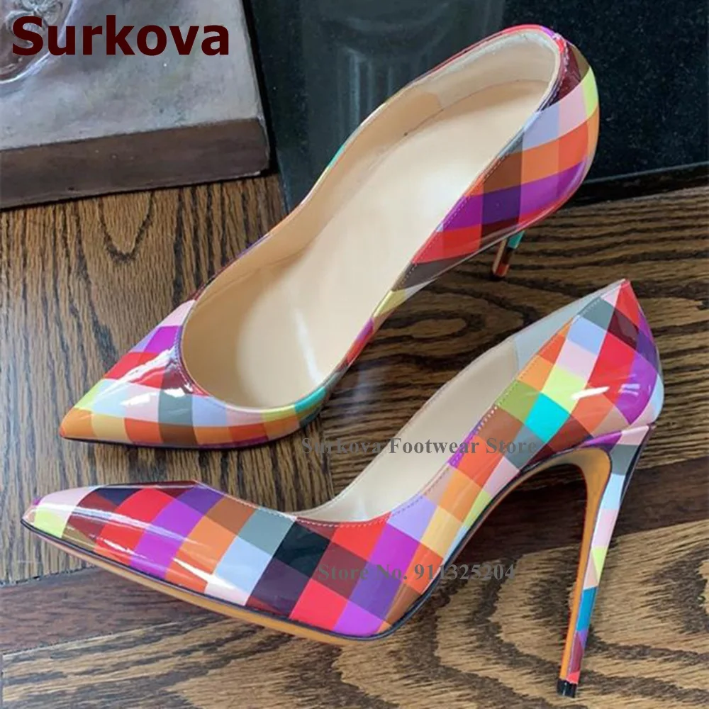 

Surkova Colorized Mirror Leather Bridal Pumps 12cm 10cm 8cm Checkered Pattern Pointed Toe Shoes Thin High Heels Party Footwear