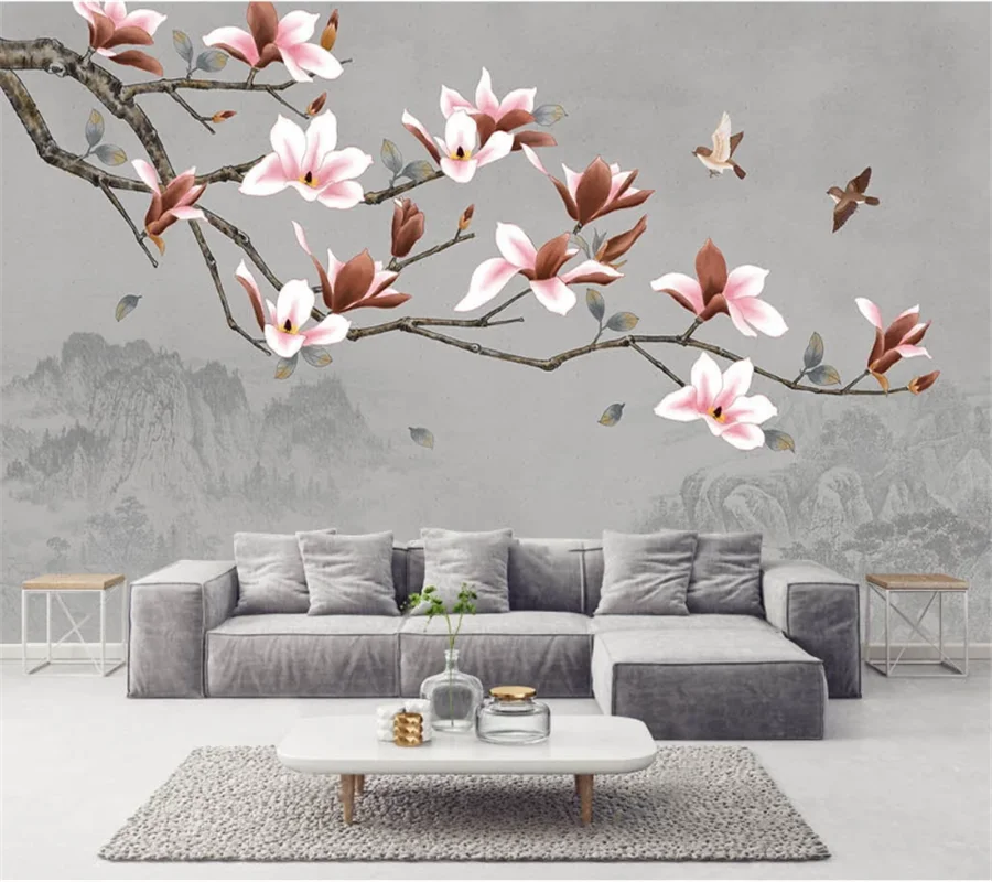 

wellyu Customized wallpaper 3d Chinese hand-painted magnolia flower and bird TV background wall living room background wallpaper