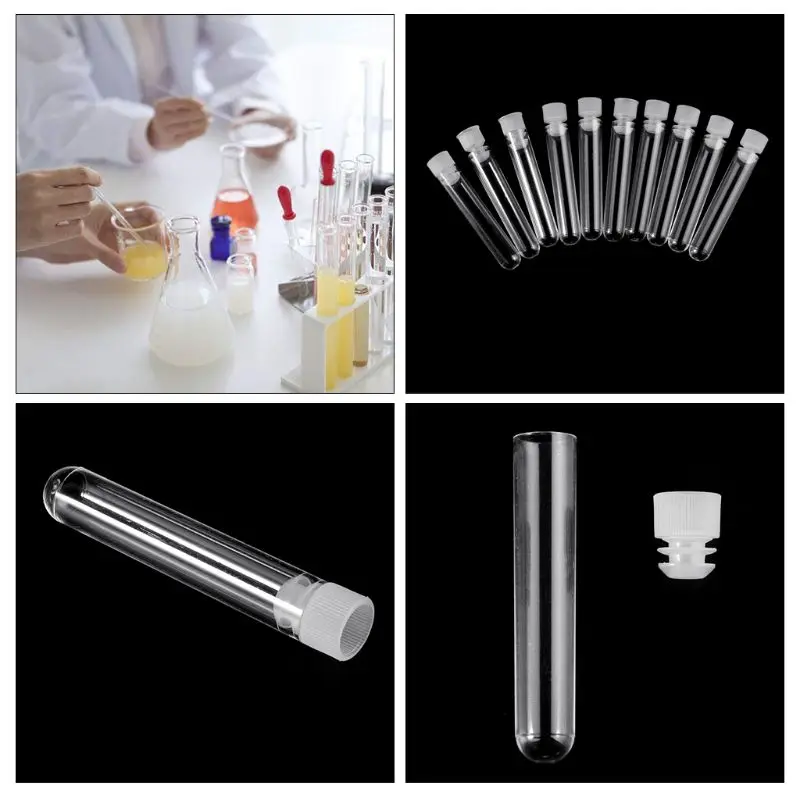 10Pcs Clear Plastic Test Tube With Cap 12x60mm U-shaped Bottom Long Test Tube Lab Supplies