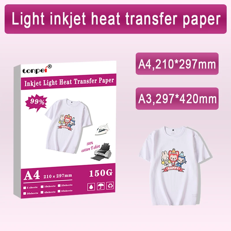 A3 A4 Iron On T Shirt Heat Transfer Paper For Light Color 100% Cotton Fabrics Cloth Inkjet Printing Design For DIY Gifts