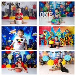 Cartoon Newborn Children Birthday Cake Smash Backdrop Newborn Super Hero Portrait Background City Night Buildings Photography