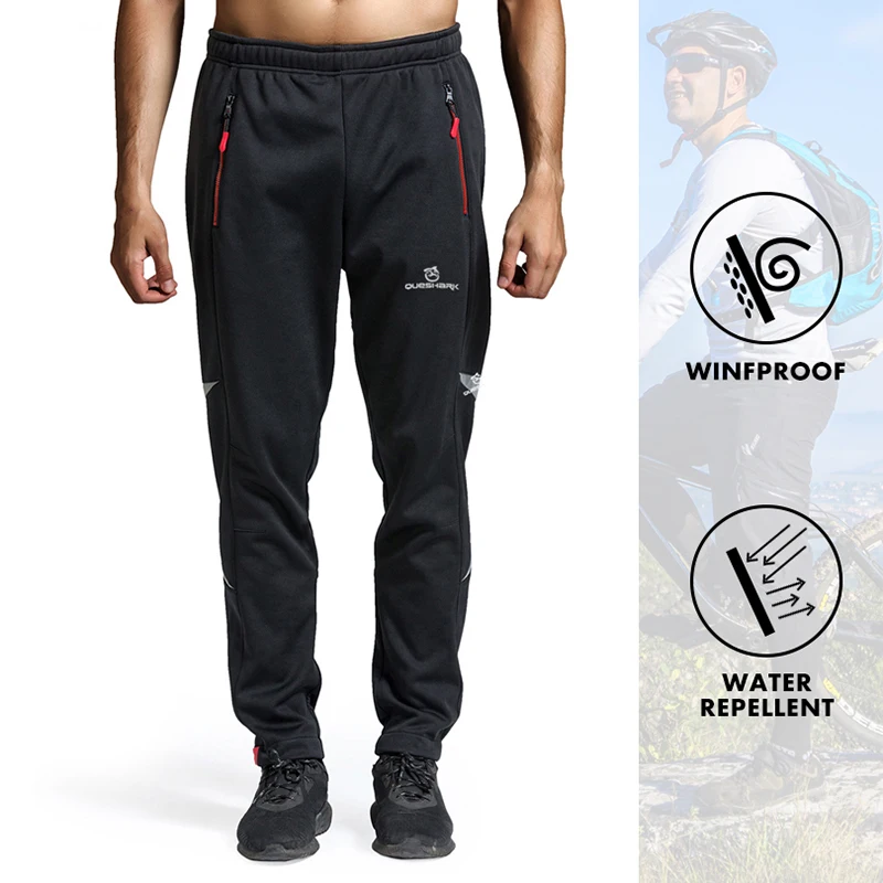 QUESHARK Men Warm Fleece Windproof Waterproof Reflective Cycling Pants Thermal Riding Sports MTB Road Bike Bicycle Trousers