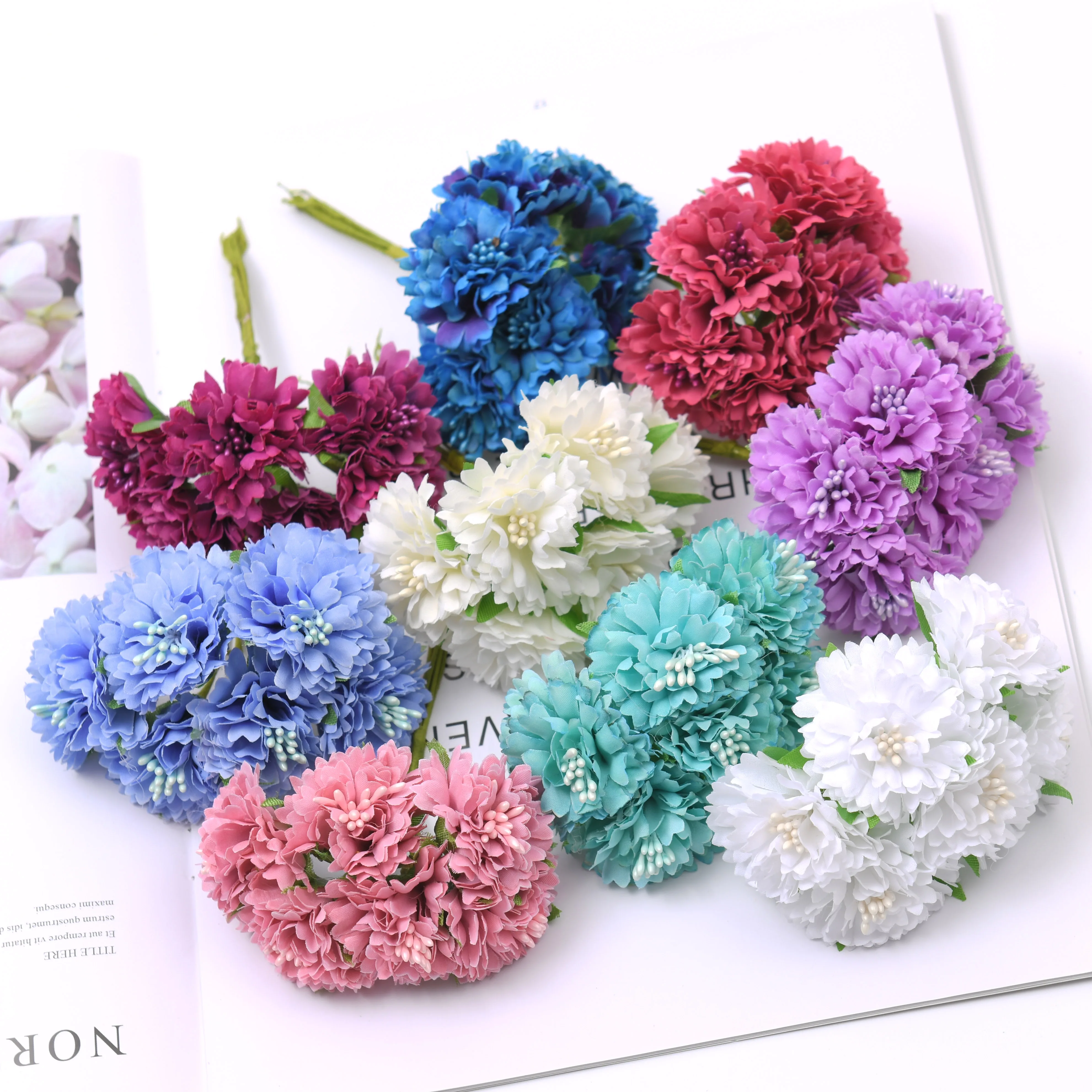 6pcs/Lot Mini Carnation Bouquet  Artificial Silk Flowers For Wedding Decoration DIY Scrapbooking Wreath Gift Craft Fake Flower