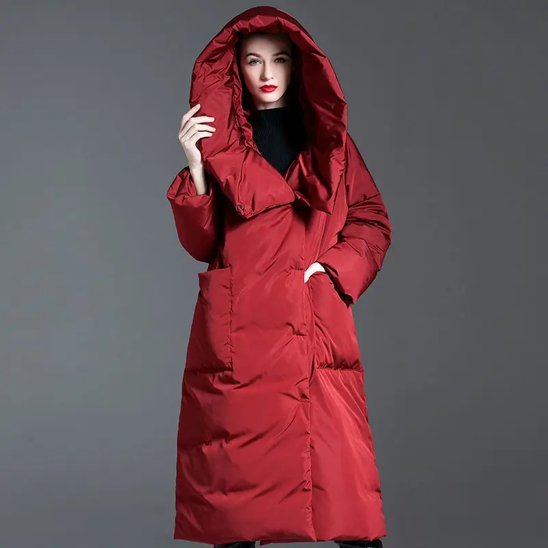 Cappotto in piumino soffice antivento con cappuccio più lungo da donna di moda invernale era sottile piumino caldo spesso oversize parka F2534