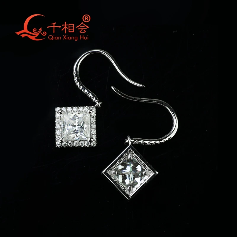 925 Silver round Ear Studs with 8mm Square Shape Drop Earring White Moissanite 6mm Main Stone D VVS Jewelry