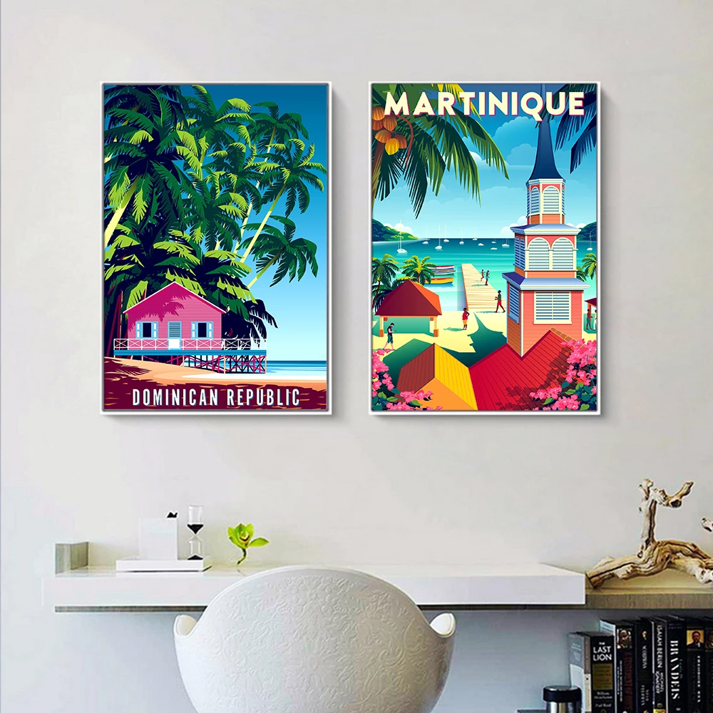 Fashion Retro Travel Poster Caribbean Art City Cartoon Landscape Poster Canvas Painting Prints Wall Art Picture for Living Room
