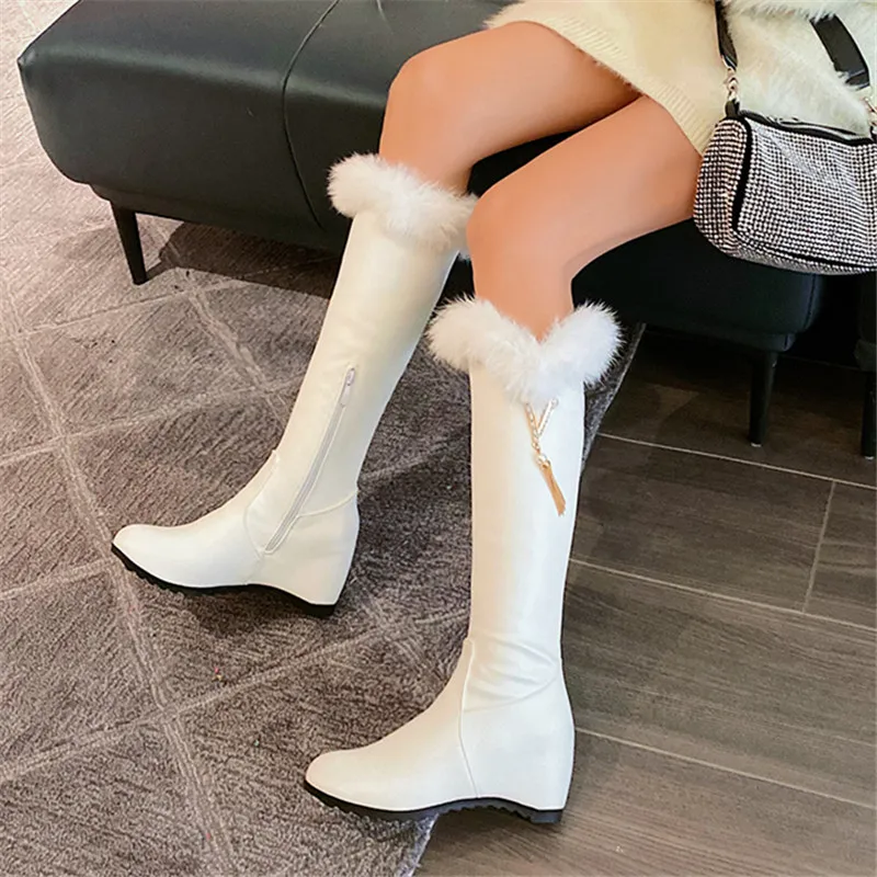 2021 Women Boots Autumn Winter Warm High Heel Round Toe New Fashion Mid-calf Zip Slope heel White black Big Size 34-43