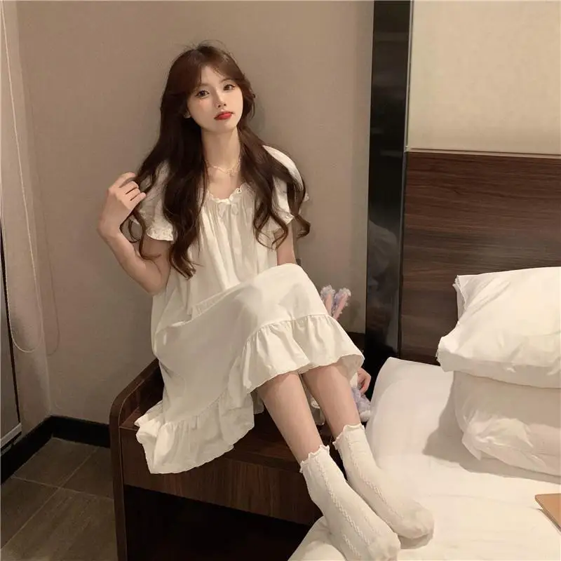 White Nightgowns Women Sweet Kawaii Girls Nightdress Princess Ruffles Square Collar Short Sleeve Summer Lounge Wear Sleepwear