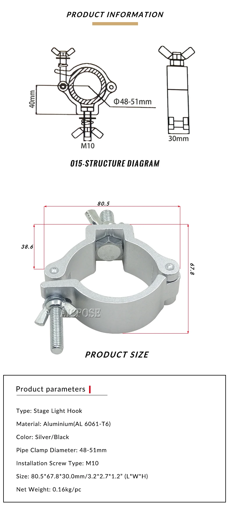 LED Par Light Hook Aluminium legierung Light Clip profession elle Bühnen ausstattung DJ Club Zubehör geeignet für Rohr durchmesser 48-51mm – Detail 3