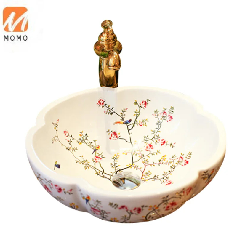 Flower Bird Pattern Ceramic White Table Standard Bathroom Sink Sizes