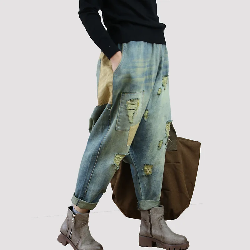 Femme Vintage Hip Hop Loose Fit Casual Baggy Jeans Blue Denim Cotton Cross-pants Hole Rip Wide Leg Harem Pants Women Trousers