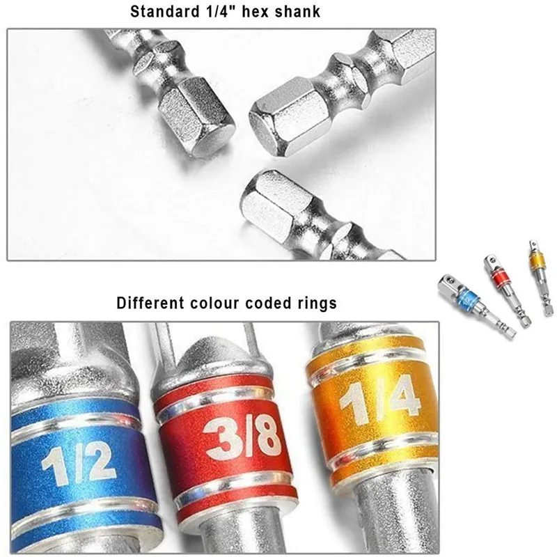 3PCS Drill Socket Adapter Converter For Impact Driver With Hex Shank To Square Socket Drill Bits Bar Extension Set 1/2 3/8 1/4