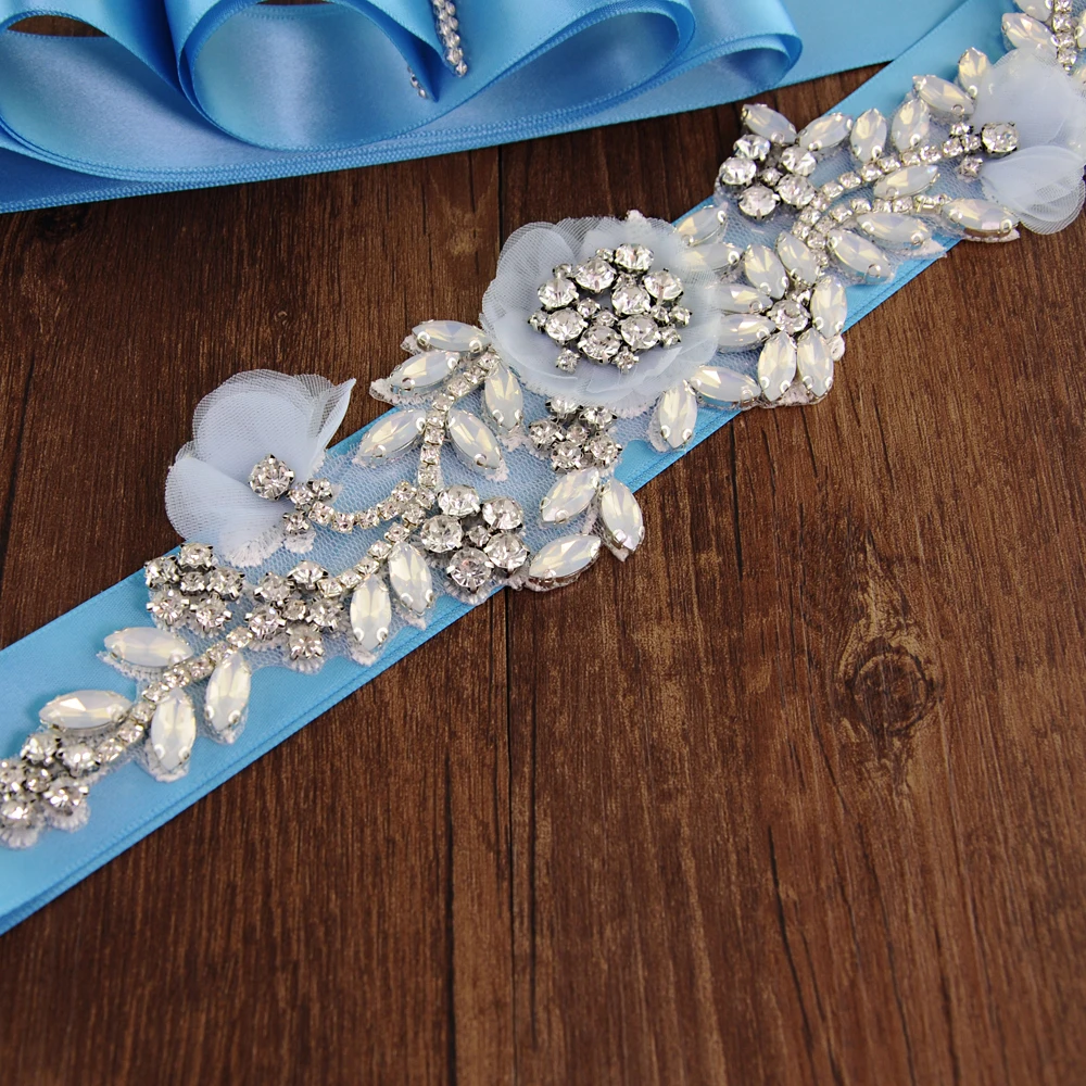 Ceintures de mariage à fleurs bleu clair, avec des appliques en strass, pour robe de mariée, pour maternité, pour filles