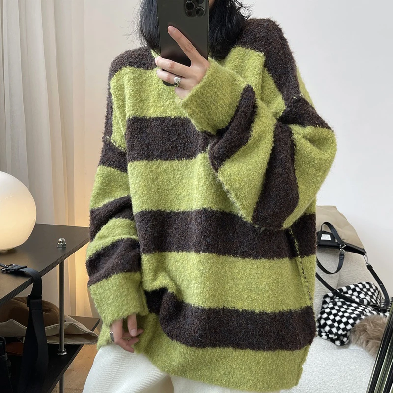 Winter Women\'s Casual Striped Round Neck Long Sleeve Loose Sweater