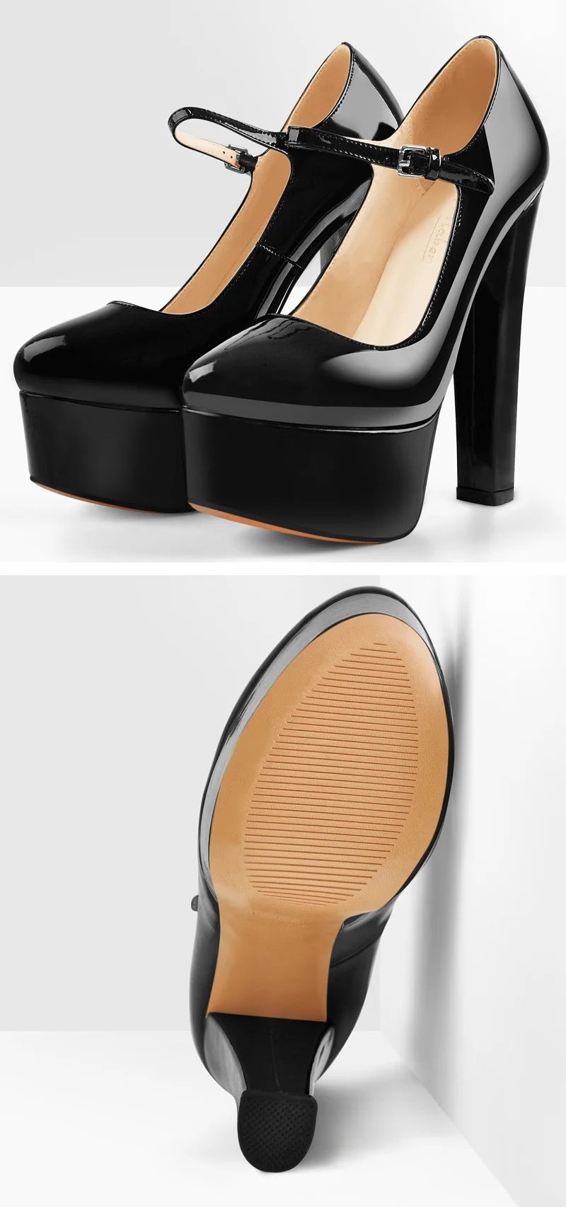 Onlymaker Women Mary Jane Platform Pumps Ankle Strap Thick Round Heel High Heels Dress Buckle Large Size Brand Shoes