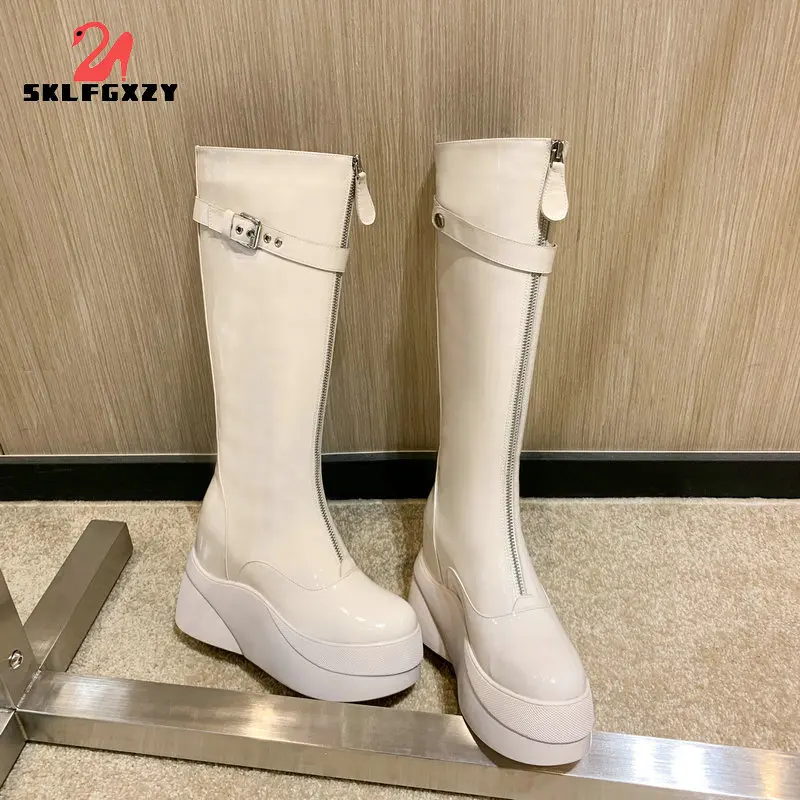 

Winter Women Shoes Chelsea Boots 100% Genuine Leather Knee High Warm Boots Wedge Super High (8cm-up)