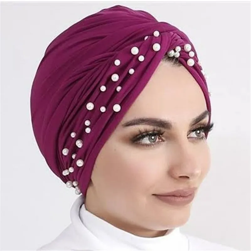 2024 New Velvet Turbans for Women Pearls Turban Femme Musulman Women\'s Head Scarf Turban Cap Winter Indian Hat Turbante Mujer