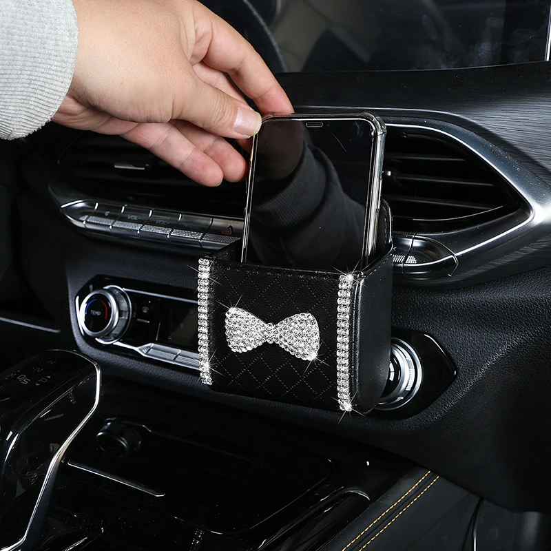 Diamond Crown Car Organizer Box Bag Air Vent Hanging Crystal Leather Universal Car Mobile Phone Holder Auto Interior Accessories