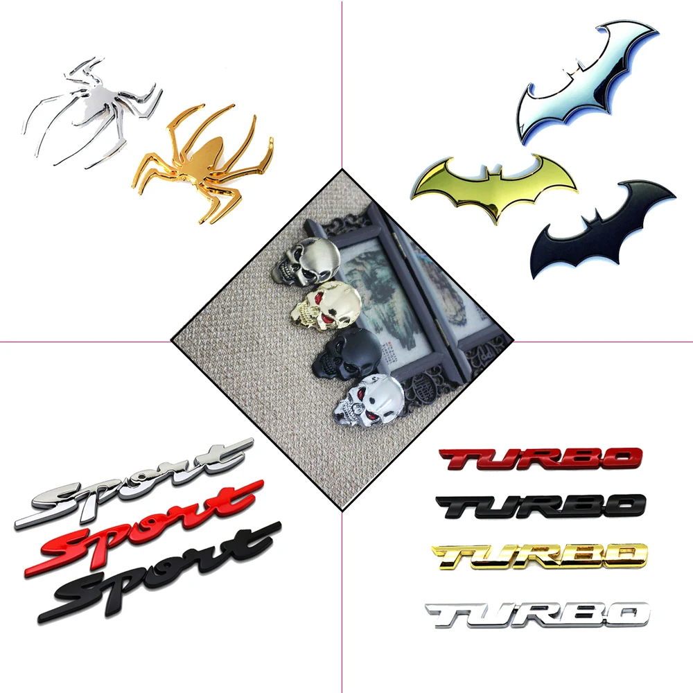 Autocollant universel d'insigne d'emblème en métal 3D de voiture et de moto, décalcomanies de crâne de chauve-souris d'araignée de sport de Turbo, décoration de corps de cadre