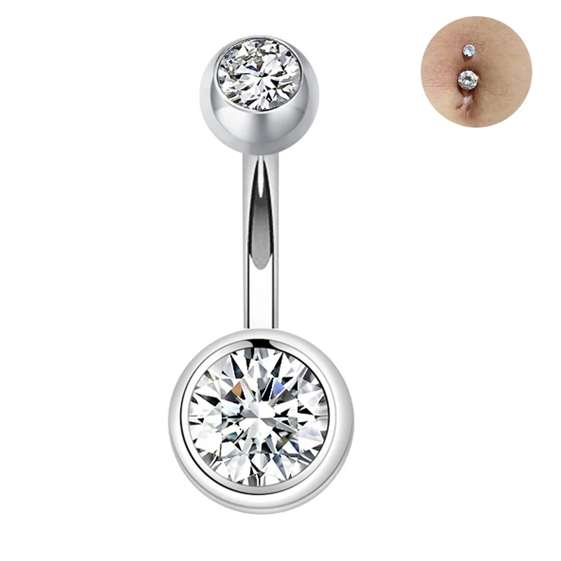 

925 sterling silver Belly Button Bar Navel Ring Double Gem Navel Body Piercing Jewellery 1.5x10 mm