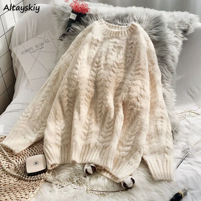 

Pullover Sweater Women O-neck Loose Lazy Elegant Warm Twist Jumpers Long Sleeve Top Thicken Winter Outwear Sweaters Preppy Chic