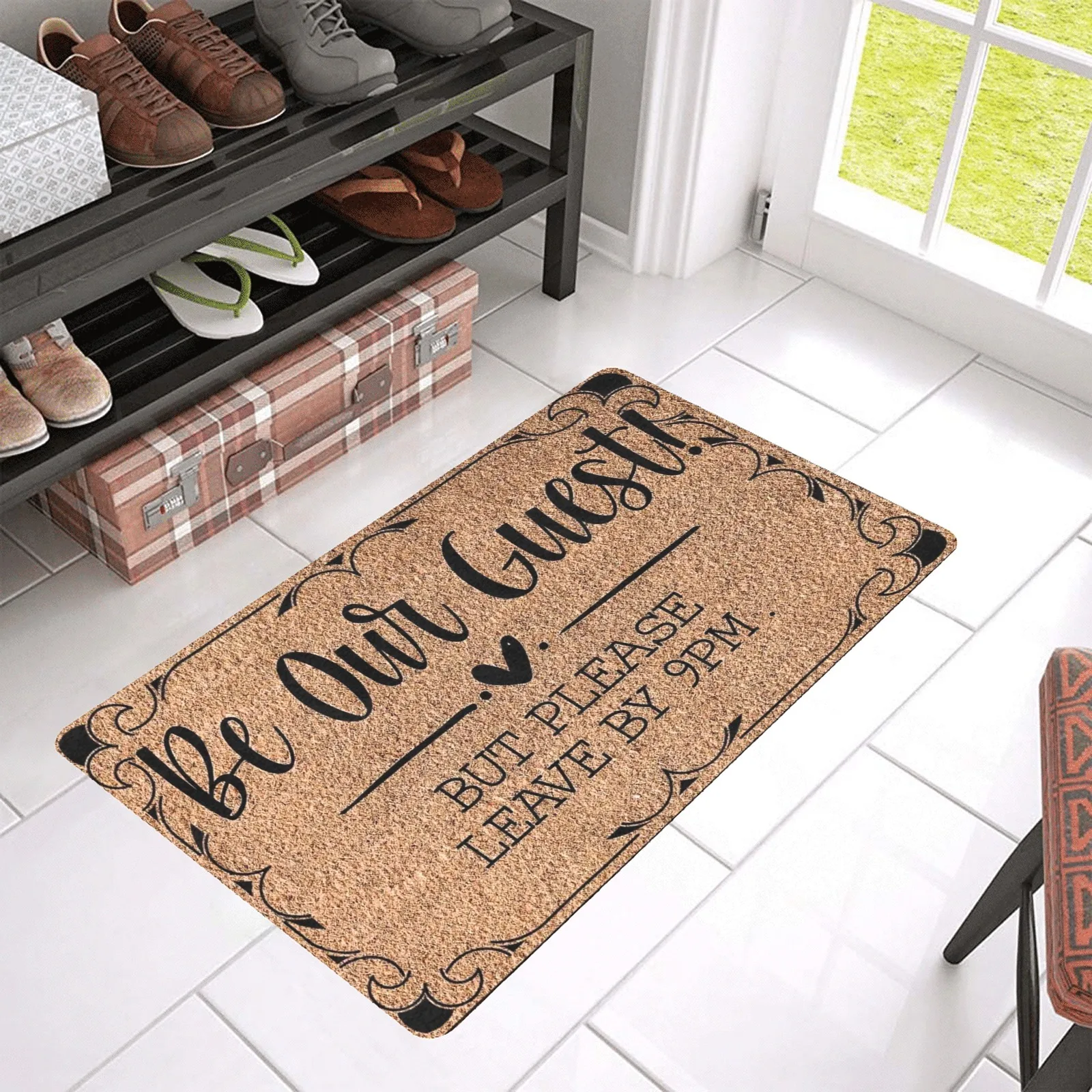 Be Our Guest But Please Leave by 9 Pm Welcome Mats Front Door Outdoor Entry Doormat Rubber Door Mat Home Indoor Farmhouse Funny