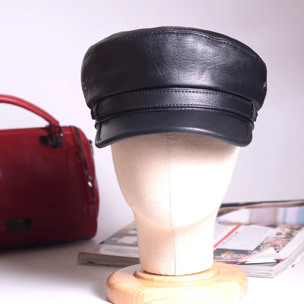 Women's Men's Real leather Black Beret Naval Hat Newsboy Militry Caps/Hats