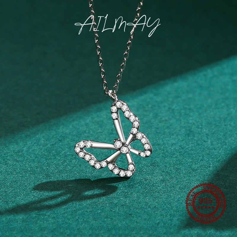 Ailmay Genuine 925 Sterling Silver Charm Elegant Butterfly Animal Clear Zircon Necklace For Women Fashion Statement Fine Jewelry