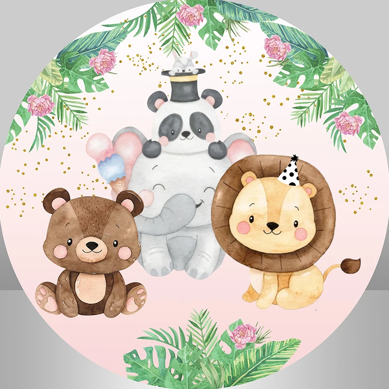 Jungle Safari Birthday Party Banner Child Baby Cartoon Animals Round Backdrop Circle Background Table Plinth Cover Photo Studio