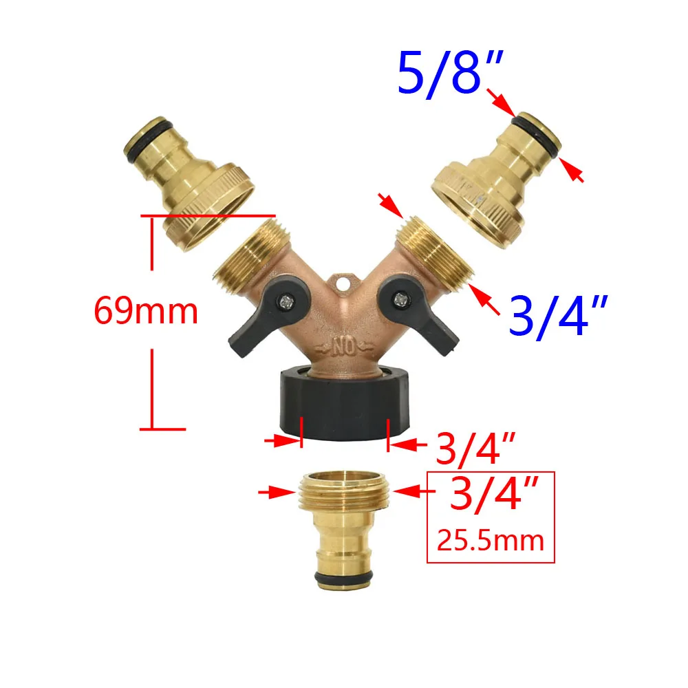 Mosiądz 2-way kran ogrodowy kobiet 3/4 Y zawór irygacyjny wody Splitter szybkie złącze ogród wąż Splitter 1 zestaw