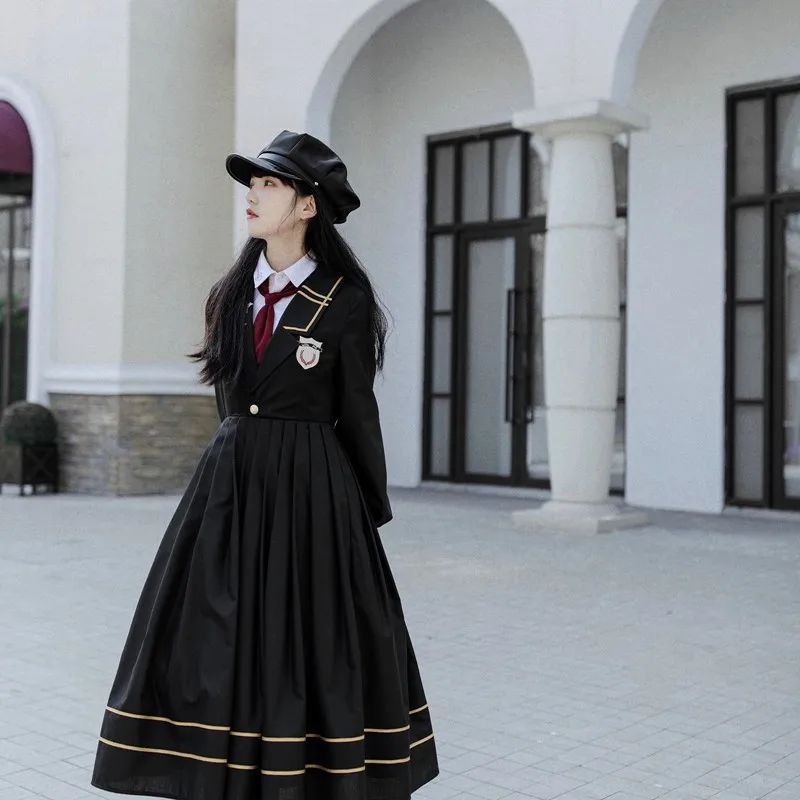 

Black Vintage Gothic Lolita Dress College Style Long Medieval Mori Girls Vestidos Kawaii Japanese Military Lolitas Op