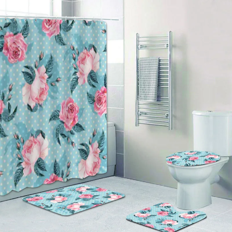 Romantic Peony Roses and Butterfly Bathroom Shower Curtain Set Waterproof Curtain with Nonslip Bath Rug Carpet Mat 4PCS Set Gift