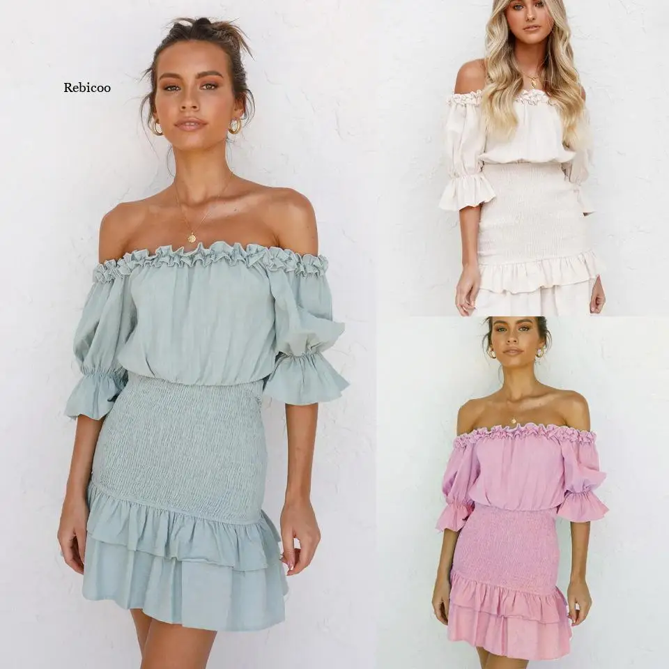 Butterfly Sleeve Sexy Summer Dresses Women Slash Neck Patchwork Ruffles Mini Dress Off Shoulder Robe Folds Pleated Sundress