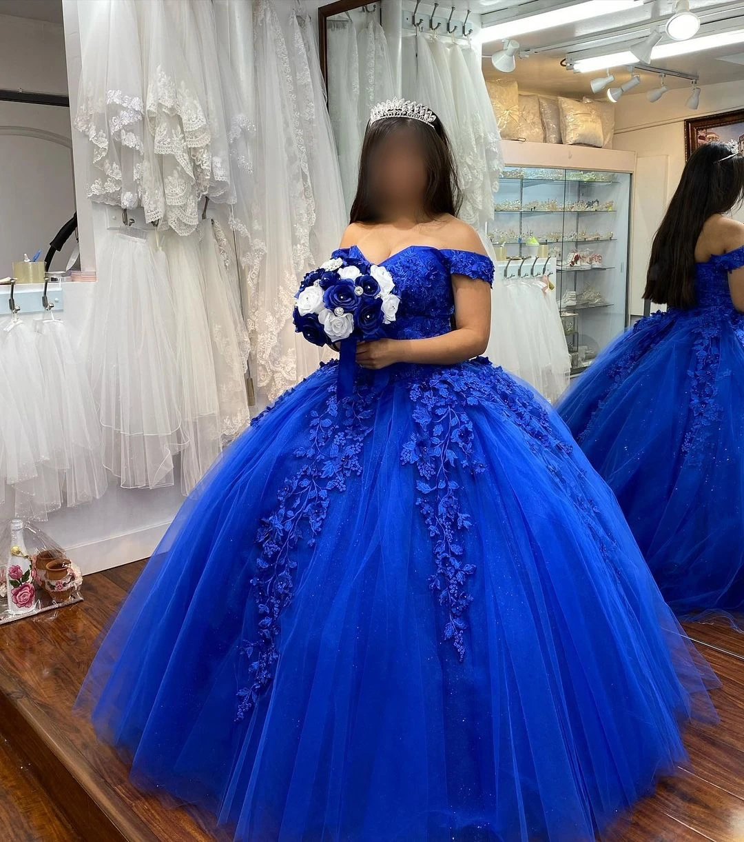 Robe longue en dentelle et Tulle bleu Royal, tenue de bal à épaules dénudées, 15 ans, 2021