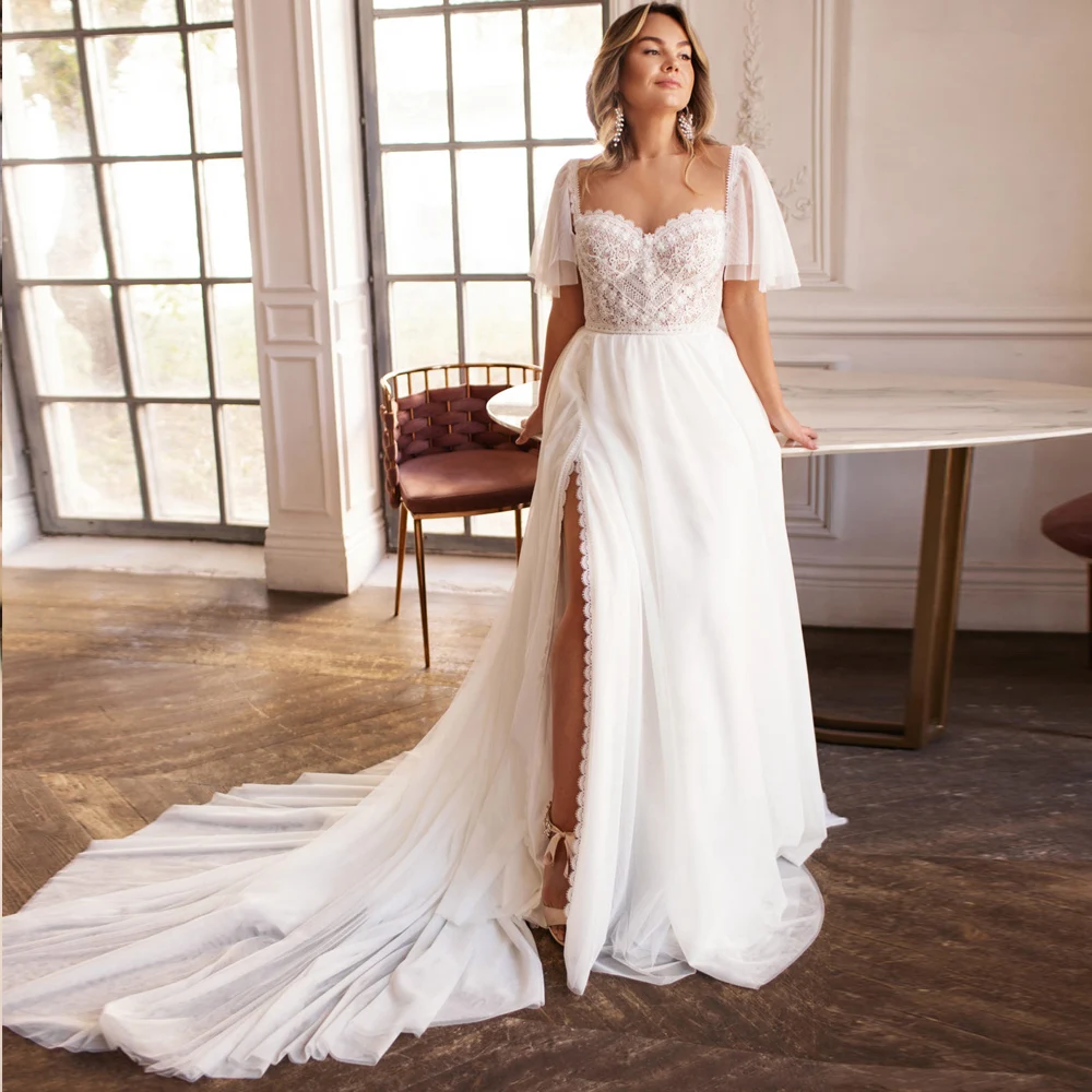 

Chic Sheer Neck Bohemian Lace Wedding Dresses Custom Made Court Train Sexy High Slit Plus Size Bridal Gown