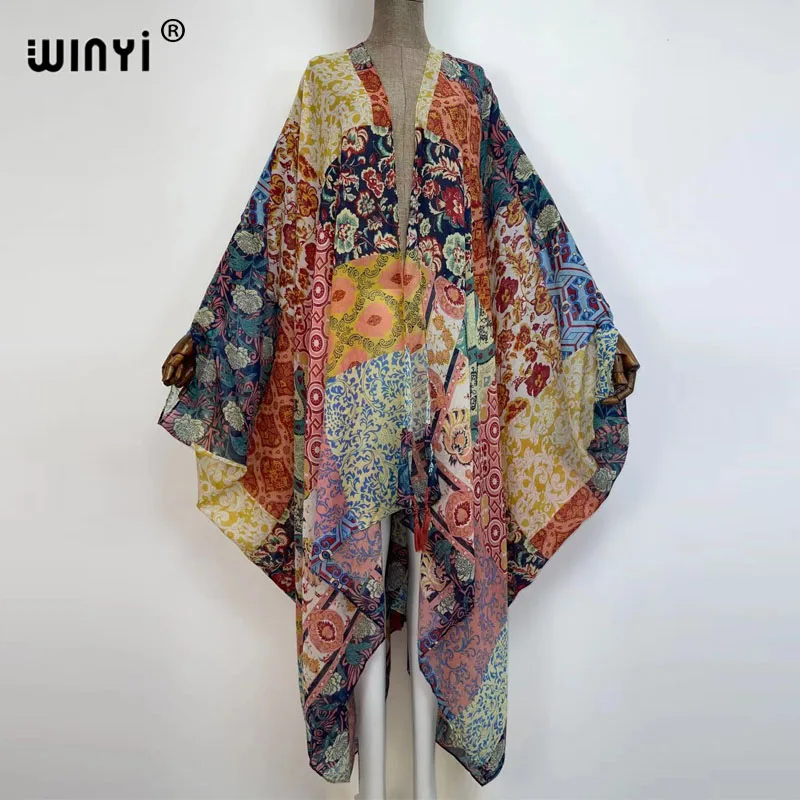 Kimono Dress Kaftan Bikini Cover-up Swimwear America Women Clothes Coat African Floral Printed Front Open Africa Robe Muslim