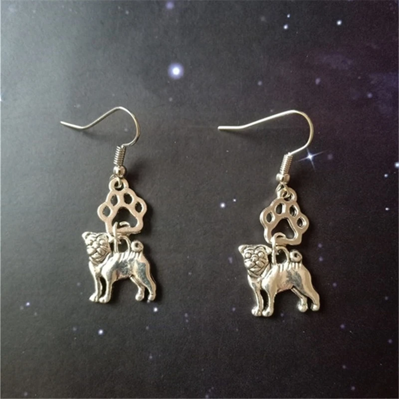 Pug Earrings, Dog Earrings, Silver Color Paw Print Earrings, Animal Earrings, Pug Charm, Little Earrings, Puppy Jewelry