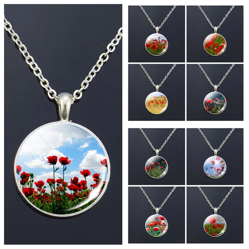 Poppy Flowers Art Pattern Necklace Fashion Silver Color Pendant Glass Cabochon Jewelry Simple Style Pendant Charm Women Gifts