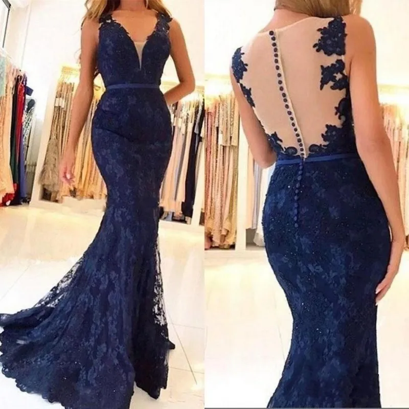 

Hot Dress elegant 2019 Sexy Appliques Lace Mermaid Evening Dress Sleeveless Party Dress Elegant Women Long Dresses Formal Gown